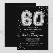 60e verjaardag - Zilveren Ballonnen Zwart Kaart (Voorkant / Achterkant)