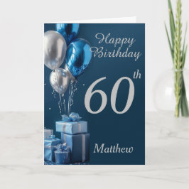 60e verjaardag Zilveren Blauwe Ballonnen En Cadeau Kaart