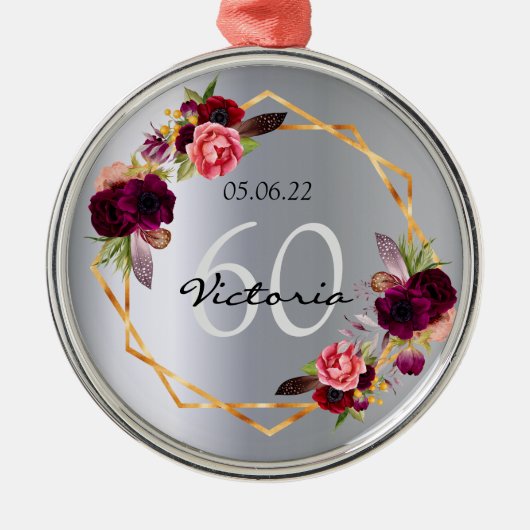 60e verjaardag zilveren bloemen geometrische borde metalen ornament (Voorkant)