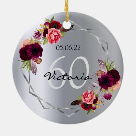 60e verjaardag zilveren floralen geometrische burg keramisch ornament (Achterkant)