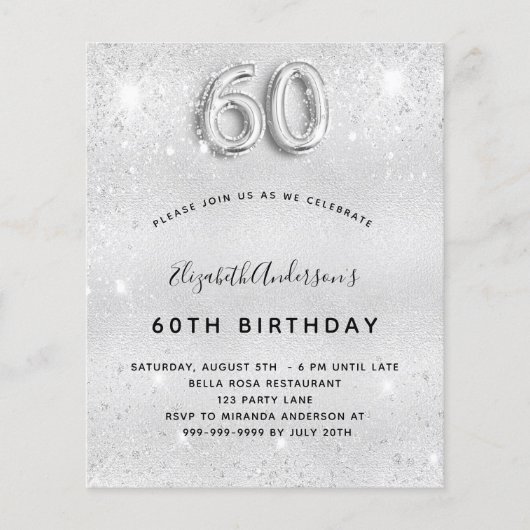 60e verjaardag zilveren glitter budgetuitnodiging flyer (Voorkant)