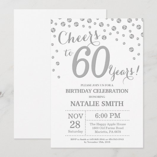 60e verjaardag Zilveren Glitter Diamond uitnodigin Kaart (Voorkant / Achterkant)