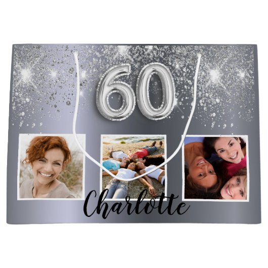 60e verjaardag zilveren glitter foto groot cadeauzakje (Voorkant)