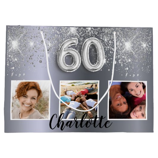 60e verjaardag zilveren glitter foto groot cadeauzakje (Achterkant)