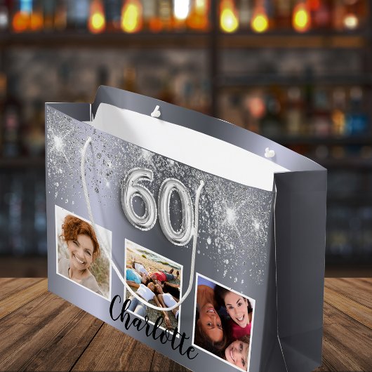 60e verjaardag zilveren glitter foto groot cadeauzakje