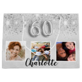 60e verjaardag zilveren glitter foto naam groot cadeauzakje (Voorkant)