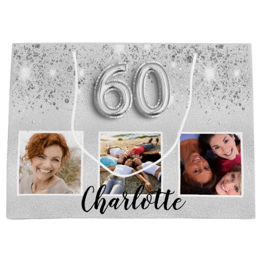 60e verjaardag zilveren glitter foto naam groot cadeauzakje (Voorkant)