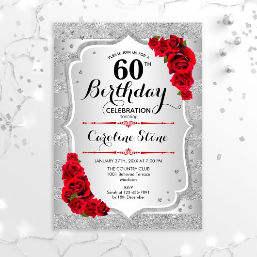 60e verjaardag - Zilveren strepen rode rozen Kaart