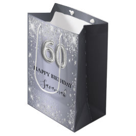 60e verjaardag zilverglitterstofmonogram medium cadeauzakje