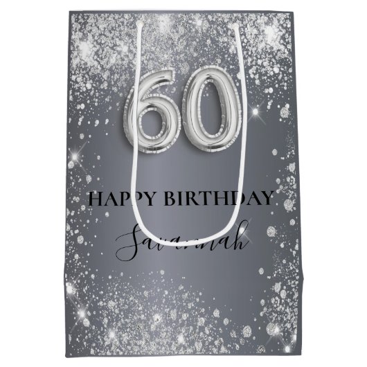 60e verjaardag zilverglitterstofmonogram medium cadeauzakje (Achterkant)