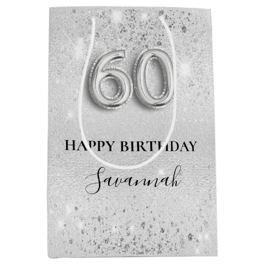 60e verjaardag zilverglitterstofmonogram medium cadeauzakje (Voorkant)