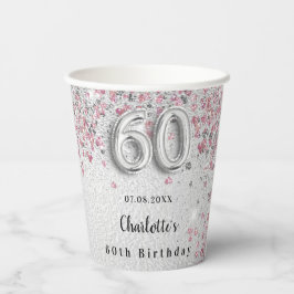 60e verjaardag zilverkleurige roze glitter papieren bekers