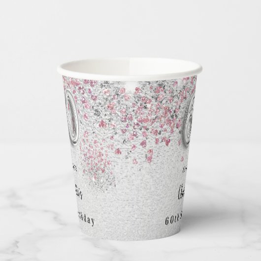 60e verjaardag zilverkleurige roze glitter papieren bekers (Links)