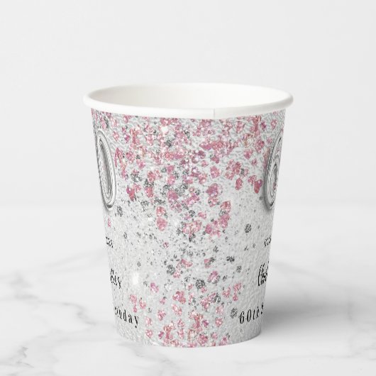 60e verjaardag zilverkleurige roze glitter papieren bekers (Rechts)