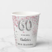 60e verjaardag zilverkleurige roze glitter papieren bekers (Voorkant)