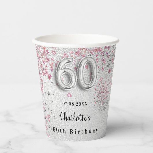 60e verjaardag zilverkleurige roze glitter papieren bekers (Voorkant)