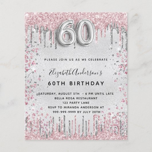 60e verjaardag zilverroze budgetuitnodiging flyer (Voorkant)