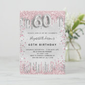 60e verjaardag zilverroze glitter druppelt glamour kaart (Staand voorkant)
