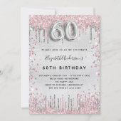 60e verjaardag zilverroze glitter druppelt glamour kaart (Voorkant)