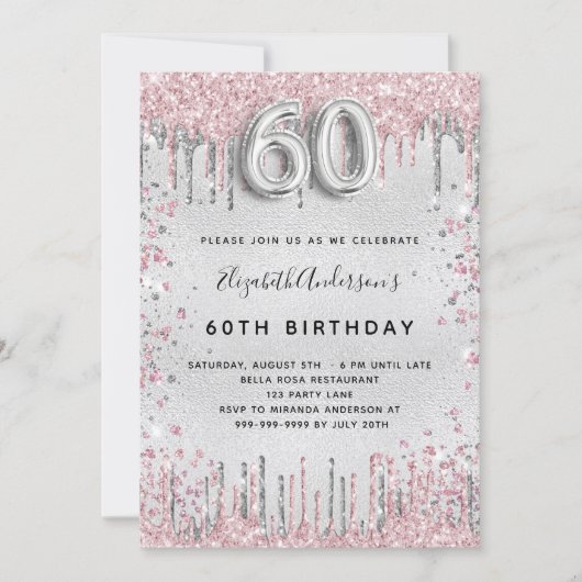 60e verjaardag zilverroze glitter druppelt glamour kaart (Voorkant)