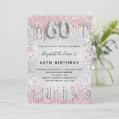 60e verjaardag zilverroze glitter druppelt glamour kaart (Staand voorkant)