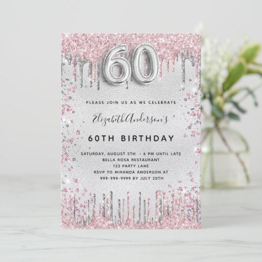 60e verjaardag zilverroze glitter druppelt glamour kaart (Staand voorkant)