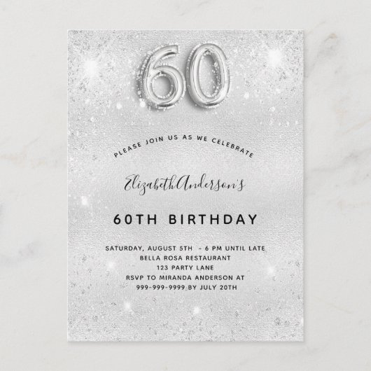 60e verjaardag zilversparken glamoureus elegant uitnodiging briefkaart (Voorkant)