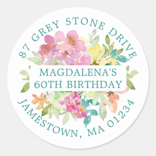 60e verjaardag zomer bloemen retour adres label (Voorkant)