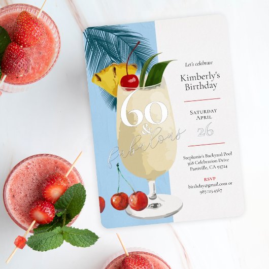 60e verjaardag Zomer Blue Cocktail Party Folie Uitnodiging