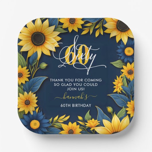 60e verjaardag zonnebloem dank u papieren bordje (Voorkant)