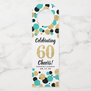 60e Verjaardag Zwart Blauwgroen Goud Glitter Confe Flessenhanger