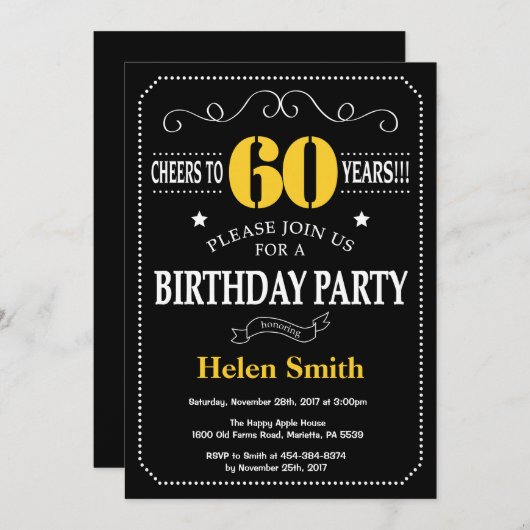 60e verjaardag zwart en geel schoolbord kaart (Voorkant / Achterkant)