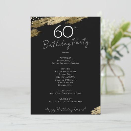 60e verjaardag Zwart en Goud Menu Uitnodiging (Staand voorkant)