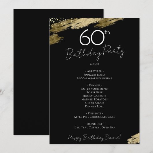 60e verjaardag Zwart en Goud Menu Uitnodiging (Voorkant / Achterkant)