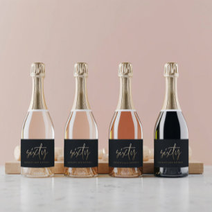 60e Verjaardag Zwart en goud script modern minimal Sparkling Wijnetiket