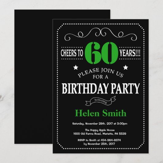 60e verjaardag zwart en groen schoolbord kaart (Voorkant / Achterkant)