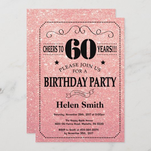 60e verjaardag zwart en roze roodbruin glitter kaart (Voorkant / Achterkant)