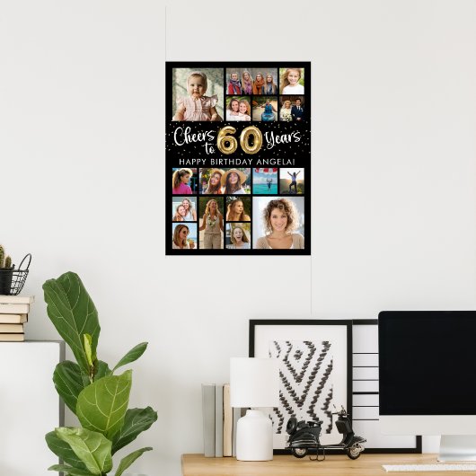 60e verjaardag zwart goud 16 foto's juichen voor j poster (Thuiskantoor)