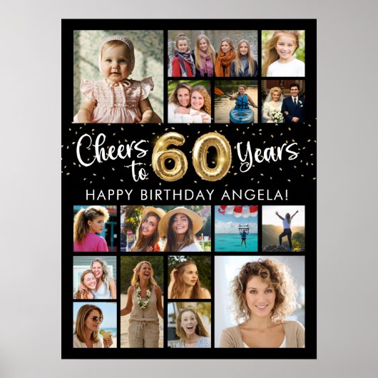 60e verjaardag zwart goud 16 foto's juichen voor j poster (Voorkant)