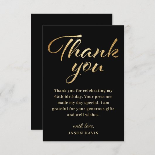 60e verjaardag: zwart & goud bedankkaart (Voorkant / Achterkant)