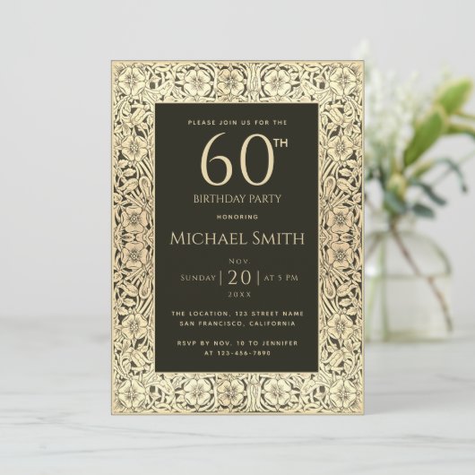 60e verjaardag Zwart Goud Bloemen Elegant  Kaart (Staand voorkant)
