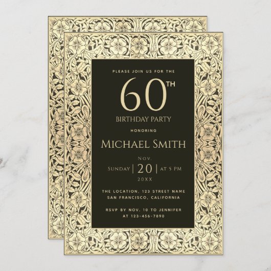 60e verjaardag Zwart Goud Bloemen Elegant  Kaart (Voorkant / Achterkant)