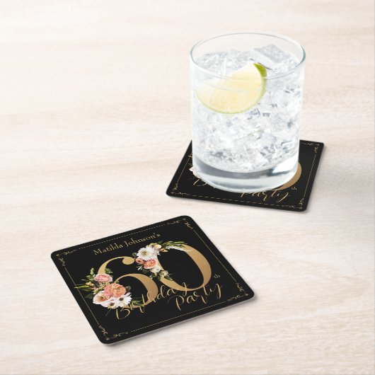 60e verjaardag Zwart Goud Bloemen Glamoureus  Kartonnen Onderzetters (Insitu)