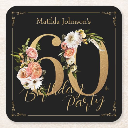 60e verjaardag Zwart Goud Bloemen Glamoureus  Kartonnen Onderzetters (Voorkant)