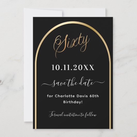 60e verjaardag zwart goud boog save the date (Voorkant)