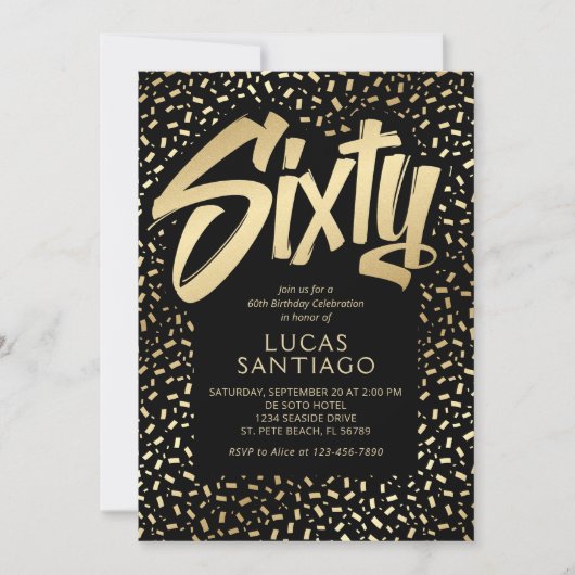 60e verjaardag Zwart Goud Confetti Kaart (Voorkant)