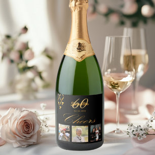 60e verjaardag zwart goud foto cheers script sparkling wijnetiket