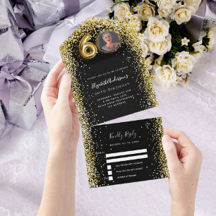 60e verjaardag zwart goud foto RSVP All In One Uitnodiging