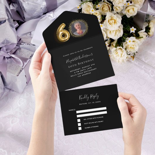 60e verjaardag zwart goud foto RSVP All In One Uitnodiging