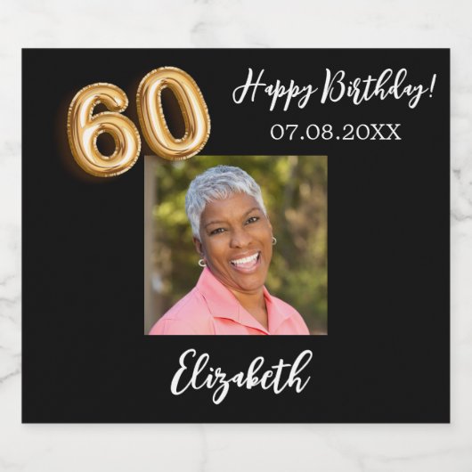 60e verjaardag zwart goud foto sparkling wijnetiket (Enkel label)